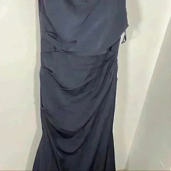 NEW La Femme Off Shoulder Ruched Satin Trumpet Gown - Picture 7 of 10